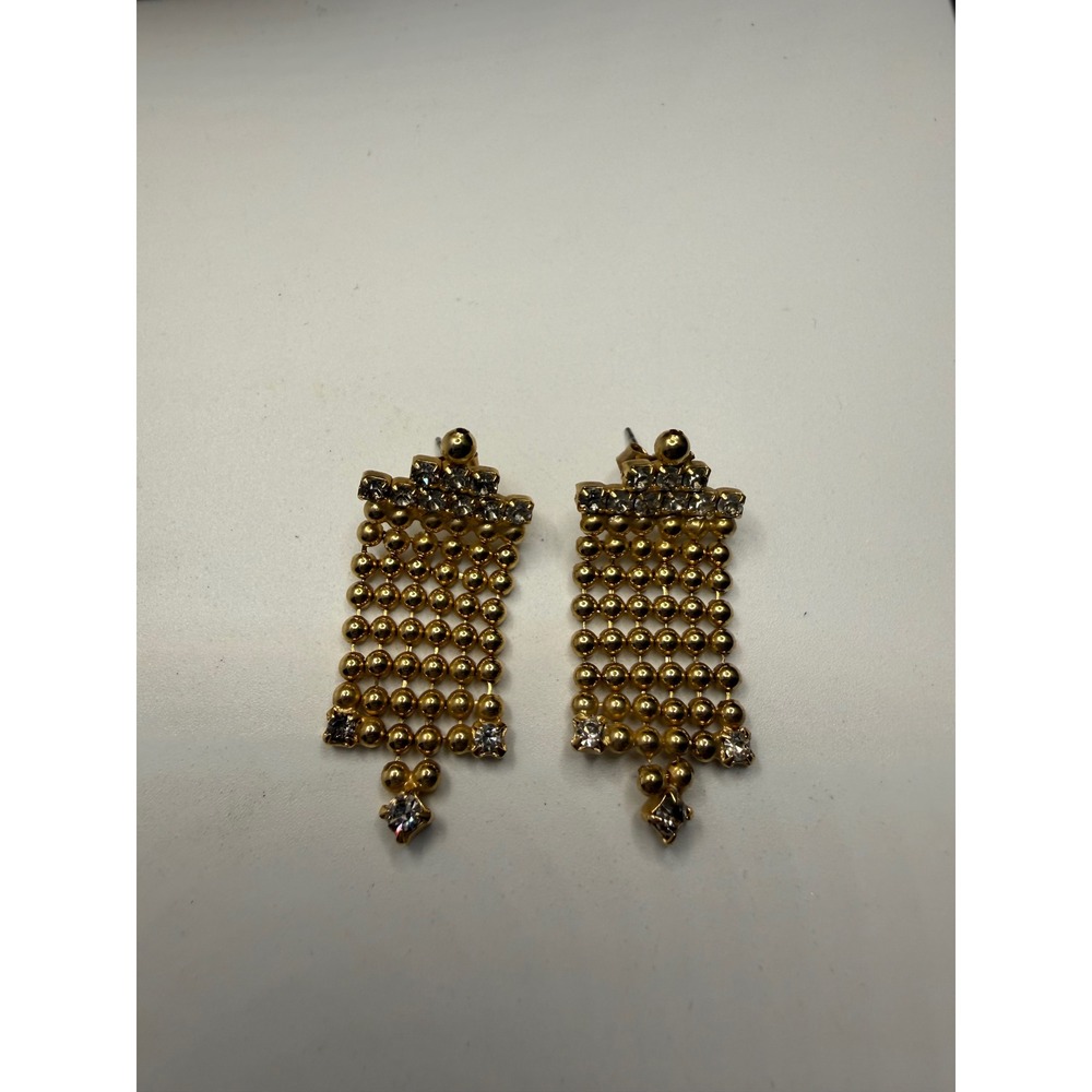 Gold Tone Beaded Chandelier Drop Earrings Clear Rhinestone Statement Post Back